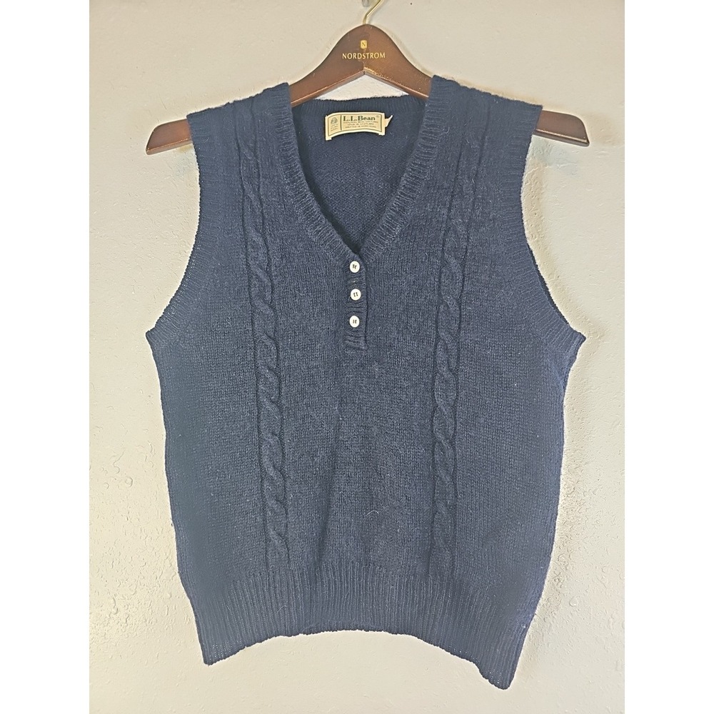 Vintage LL Bean‎ Navy Cable Knit Sweater Vest Lambs Wool V-Neck Womens  Sm